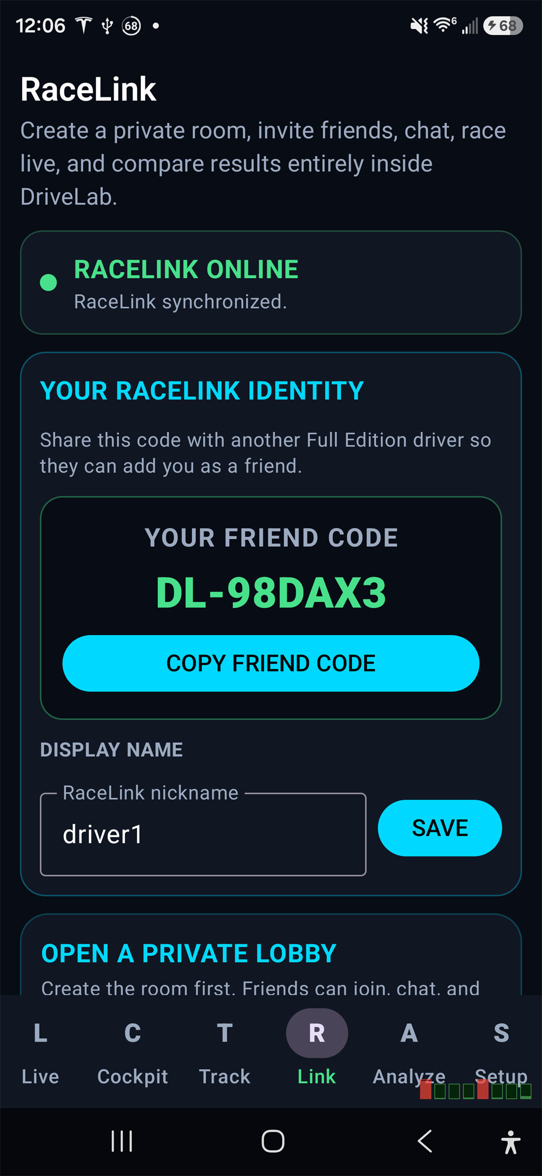 DriveLab Telem large visible RaceLink friend code