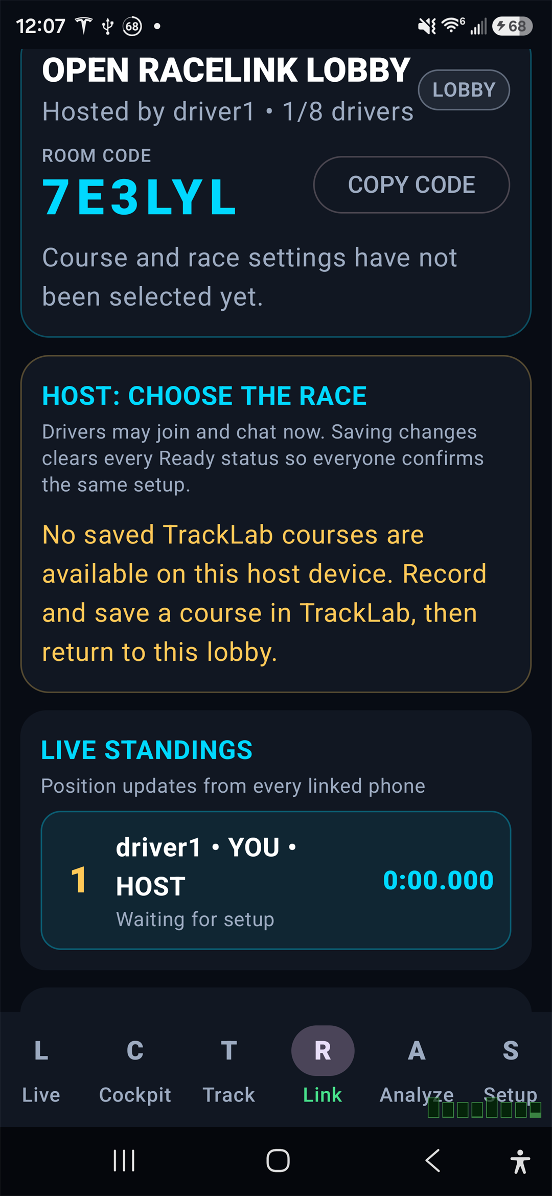 DriveLab Telem create or join RaceLink room